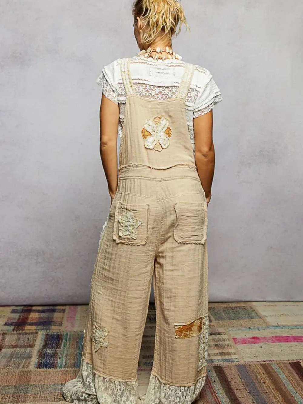 POL Beige Patchwork Wide-Leg Overalls NWOT - Picture 4 of 5